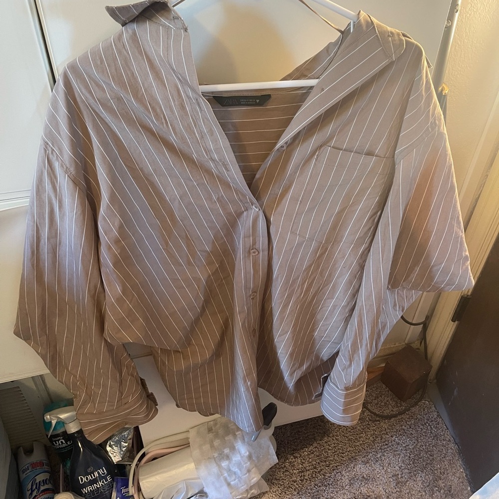 ZARA TAUPE BROWN STRIPE OVERSIZED BUTTON UP NEW
